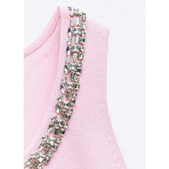 ZARA NEW WOMAN Jewel PLAIN KNIT MINI DRESS WITH Rhinestone PINK S L 5755/025 - Picture 6 of 12